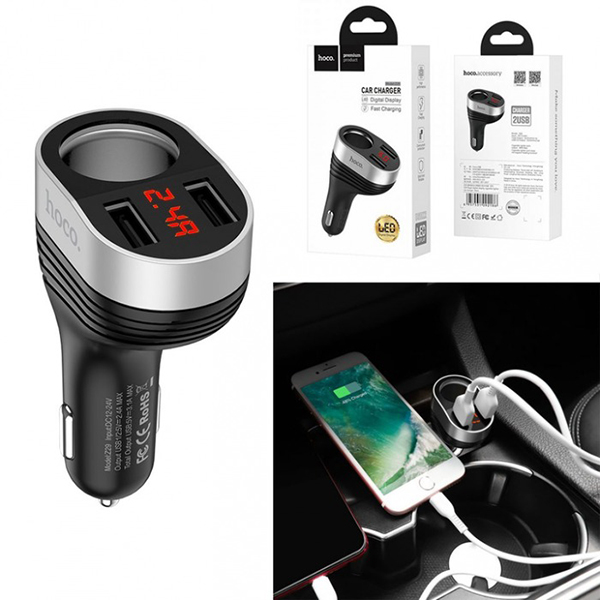 Cốc sạc ô tô 1 cổng tẩu sạc, 2 cổng sạc USB Hoco Z29