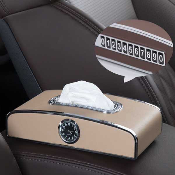 Hộp đựng khăn giấy kiêm bảng số điện thoại và đồng hồ cao cấp đặt taplo ô tô B345