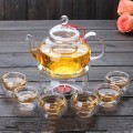 Bộ ấm trà hoa cúc thủy tinh dung tích 600ml có đế nến chịu nhiệt có lõi lọc G123, Bộ ấm chén không khay (có quai)