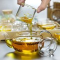 Bộ ấm trà hoa cúc thủy tinh dung tích 600ml có đế nến chịu nhiệt có lõi lọc G123, Bộ ấm chén không khay (có quai)