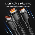 Dây cáp sạc siêu nhanh 3 đầu 100W micro USB, Type C, dây cáp dữ liệu 3 trong 1 BA849