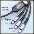 Dây cáp sạc siêu nhanh 3 đầu 100W micro USB, Type C, dây cáp dữ liệu 3 trong 1 BA849