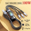 Dây cáp sạc siêu nhanh 3 đầu 100W micro USB, Type C, dây cáp dữ liệu 3 trong 1 BA849