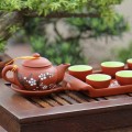 Ấm chén từ sa khắc hoa đào màu đỏ Bát Tràng BA1116