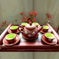Ấm chén từ sa khắc hoa đào màu đỏ Bát Tràng BA1116