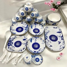 Bộ bát chén đĩa 30 món gốm sứ cao cấp họa tiết in hoa văn chữ Phúc 4D BA1609