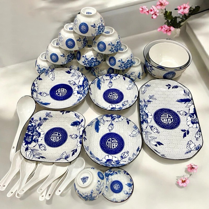 Bộ 30 món bát chén đĩa gốm sứ cao cấp họa tiết in hoa văn chữ Phúc 4D BA1609