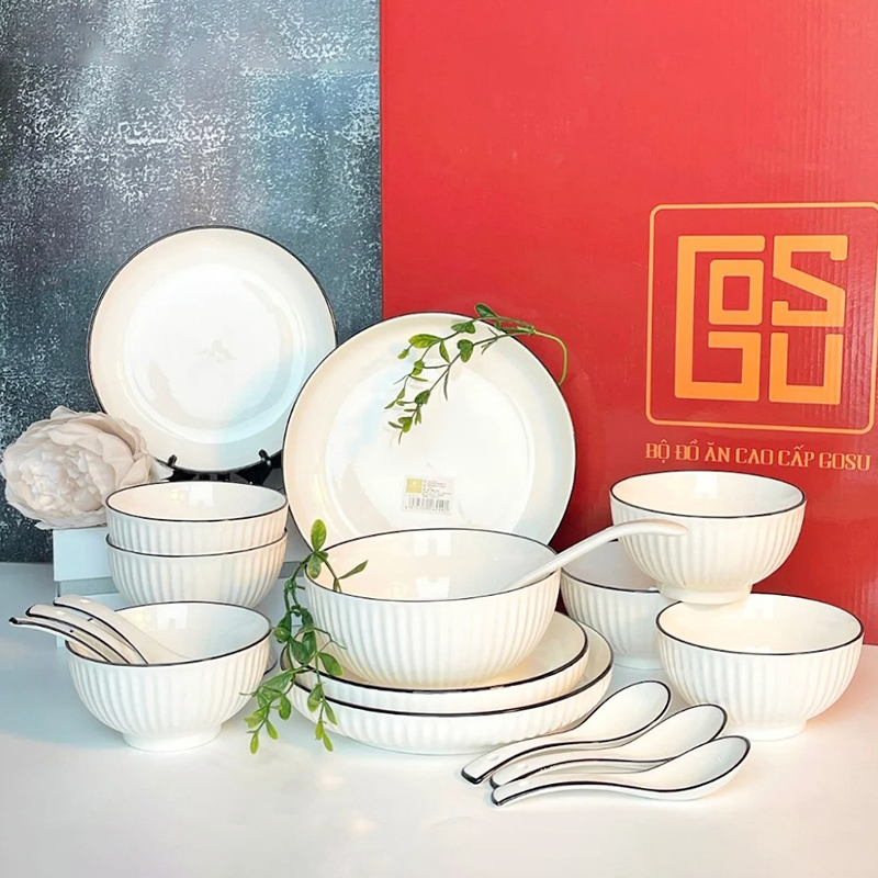 Bộ 19 món bát đĩa sứ cao cấp trắng viền đen kèm hộp quà sang trọng BA1612