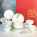 Bộ bát đĩa sứ cao cấp trắng viền đen 19 món kèm hộp quà sang trọng BA1612