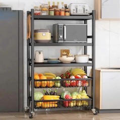 Kệ để đồ nhà bếp đa năng để lò vi sóng, xoong nồi có bánh xe đẩy, khung sắt chịu lực BA1611 , Kệ 5 tầng 60x32x108cm