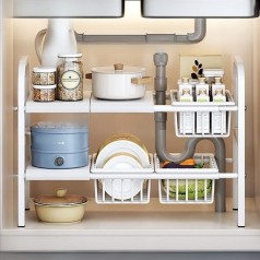 Kệ gầm bếp bồn rửa để xoong nồi 2 tầng kèm giỏ đựng đồ tiện lợi BA1486, Kệ 2 tầng (3 bảng)+ 3 giỏ 