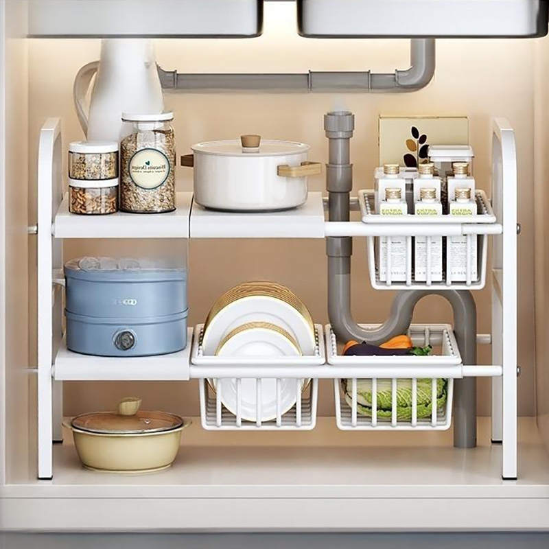 Kệ gầm bếp bồn rửa để xoong nồi 2 tầng kèm giỏ đựng đồ tiện lợi BA1486